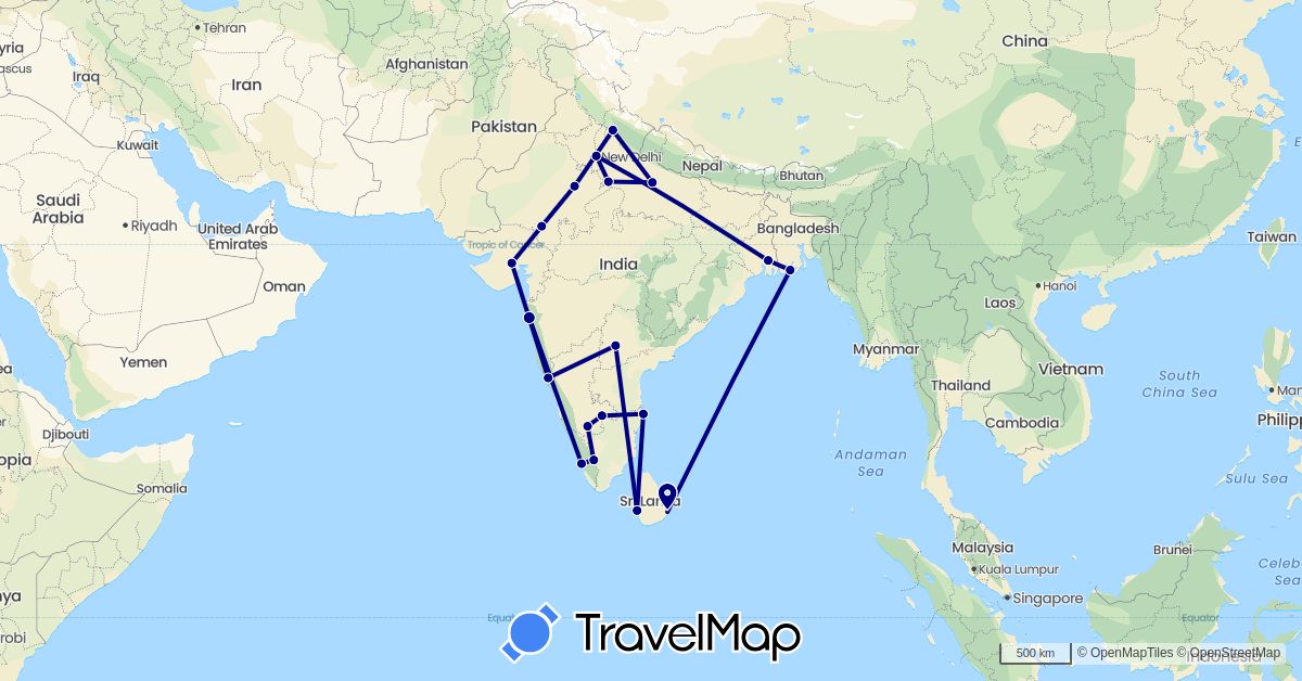 TravelMap itinerary: driving in Bangladesh, India, Sri Lanka (Asia)